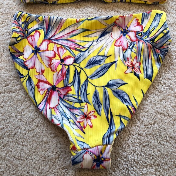 Women's Yellow Blue Floral Adjustabel Padded Top High Waisted Cheeky Bikini - Picture 12 of 14